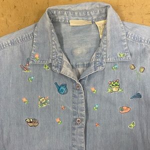 gardener inspired patched denim button down